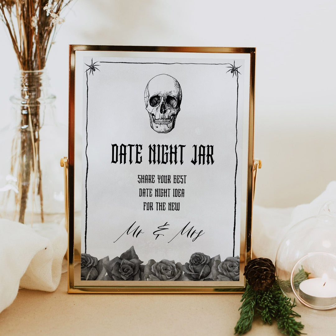 Fully editable and printable bridal shower date night jar game with a gothic design. Perfect for a Bride or Die or Death Us To Party bridal shower themed party