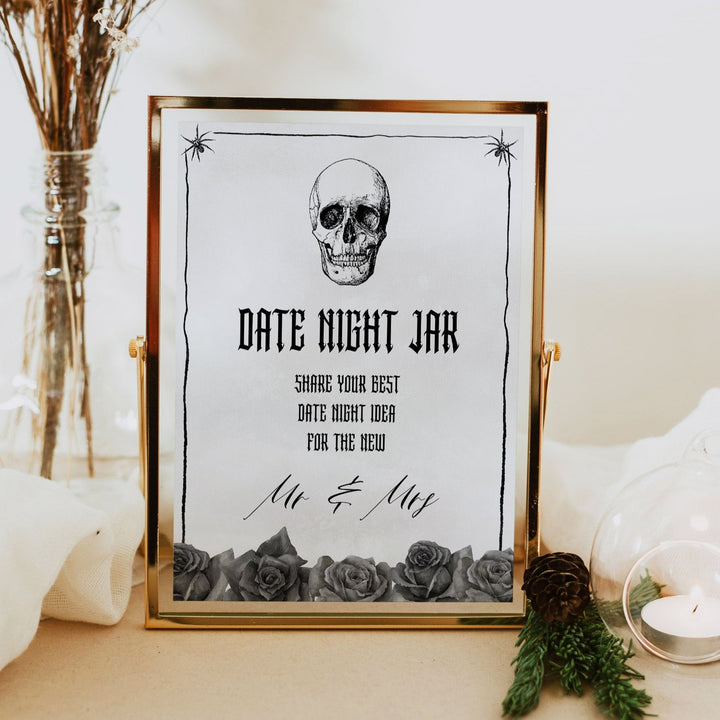 Fully editable and printable bridal shower date night jar game with a gothic design. Perfect for a Bride or Die or Death Us To Party bridal shower themed party