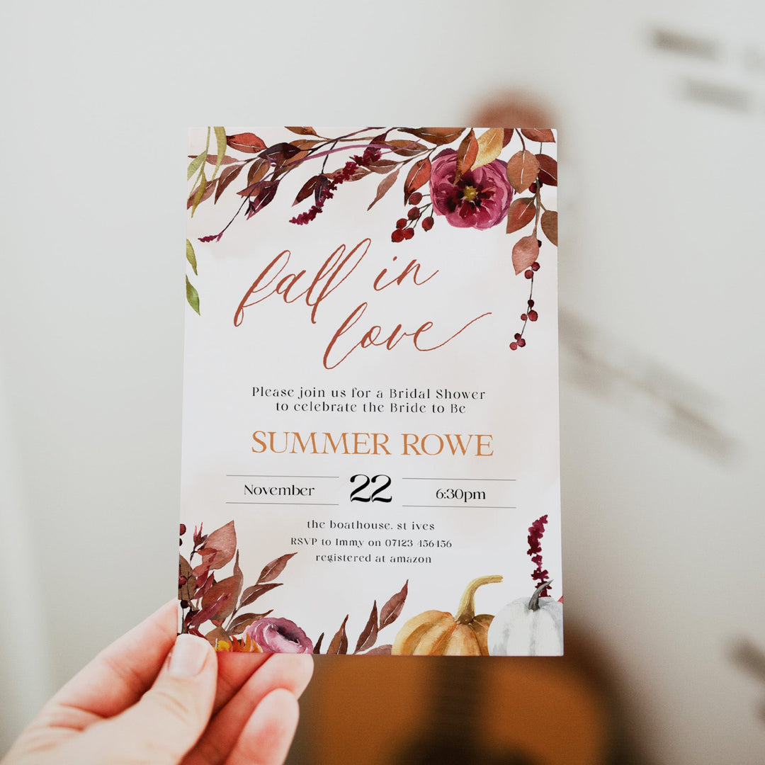 Fully editable and printable bridal shower invitation with a Fall design. Perfect for a fall floral bridal shower