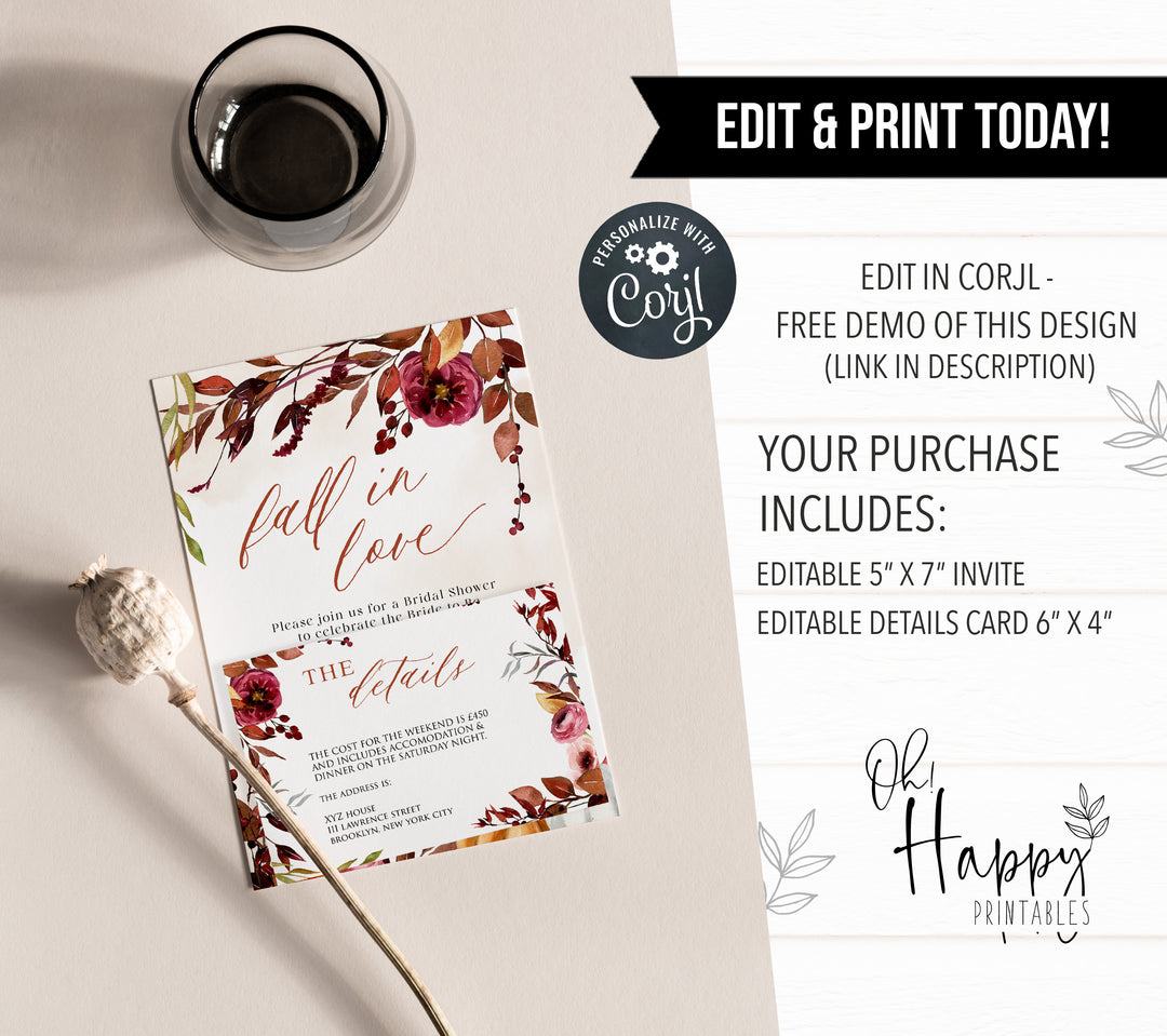 Fully editable and printable bridal shower invitation with a Fall design. Perfect for a fall floral bridal shower