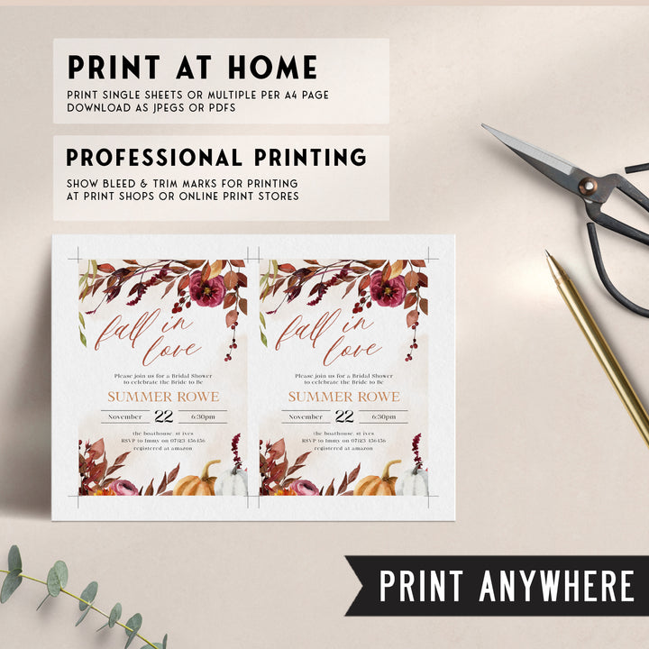 Fully editable and printable bridal shower invitation with a Fall design. Perfect for a fall floral bridal shower