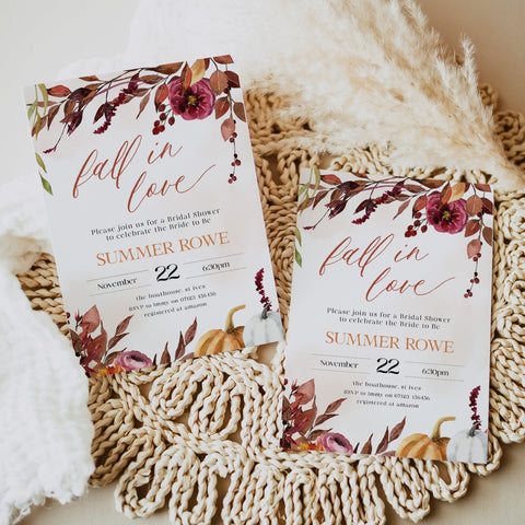Fully editable and printable bridal shower invitation with a Fall design. Perfect for a fall floral bridal shower