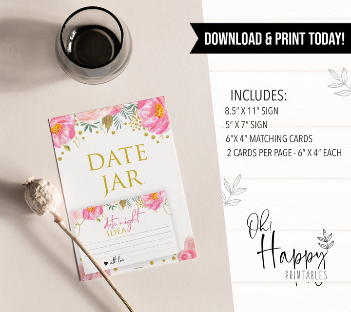 date night jar, printable bridal shower games, blush floral bridal shower games, fun bridal shower games