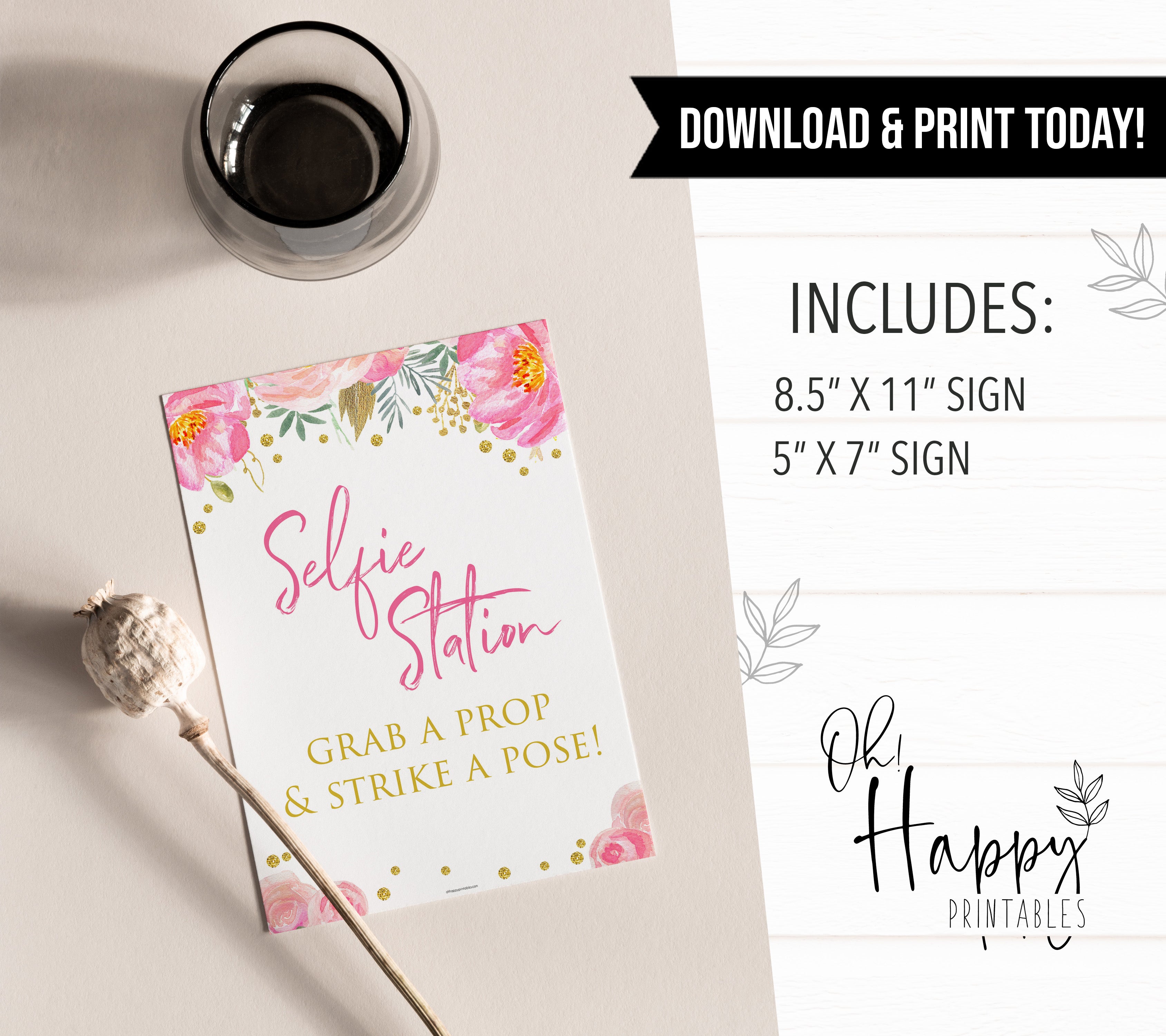 selfie station sign, printable bridal shower games, blush floral bridal shower games, fun bridal shower games