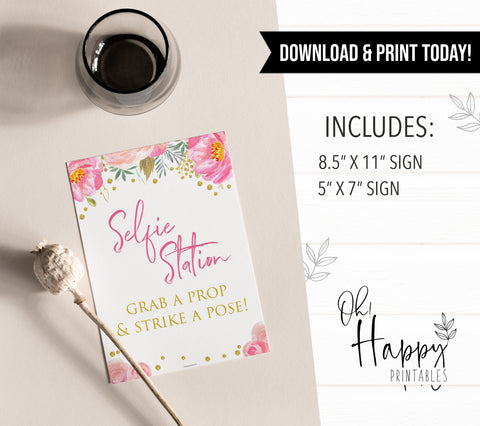 selfie station sign, printable bridal shower games, blush floral bridal shower games, fun bridal shower games