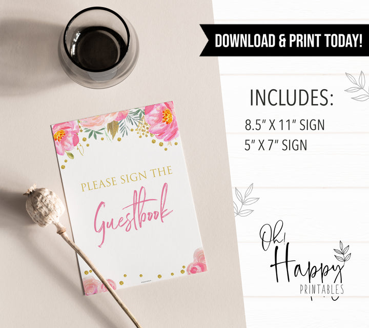guestbook sign, printable bridal shower games, blush floral bridal shower games, fun bridal shower games