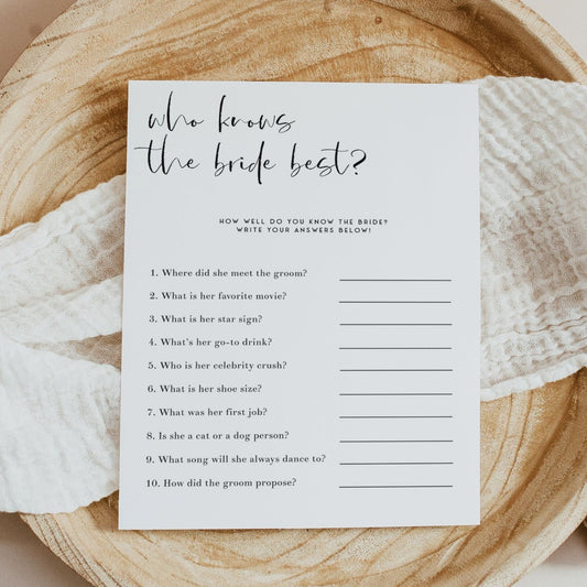 Fully editable and printable bridal shower do you know the bride game with a modern minimalist design. Perfect for a modern simple bridal shower themed party