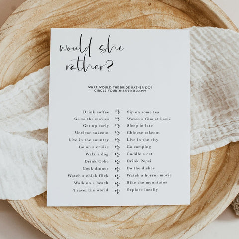 Fully editable and printable bridal shower would she rather game with a modern minimalist design. Perfect for a modern simple bridal shower themed party