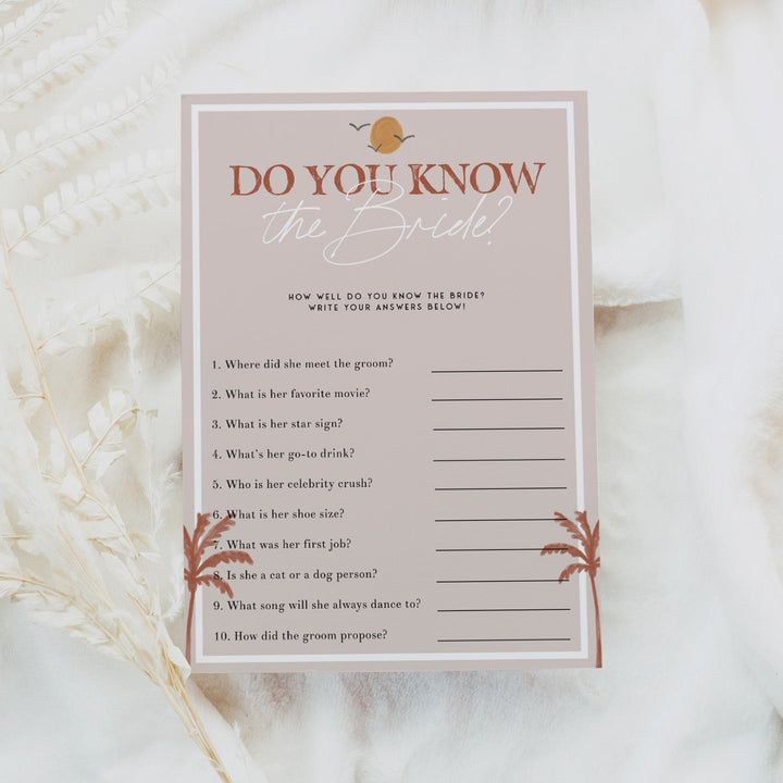 Fully editable and printable bridal shower do you know the bride game with a Palm Springs design. Perfect for a Palm Springs bridal shower themed party