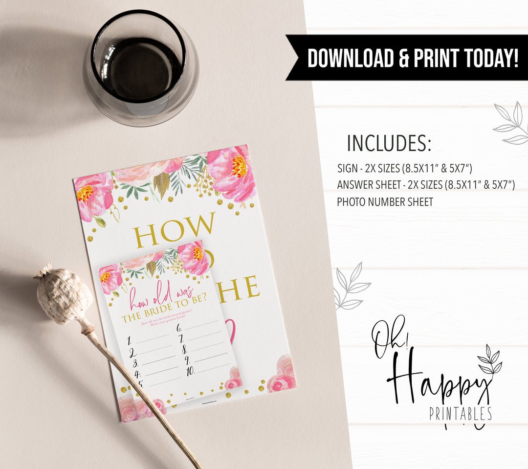 how old was the bride, printable bridal shower games, blush floral bridal shower games, fun bridal shower games