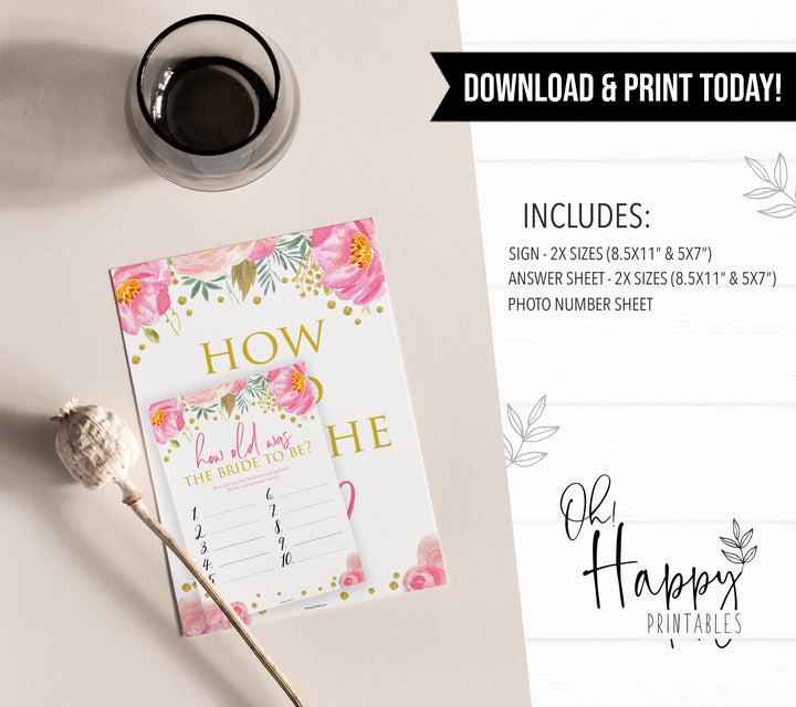 how old was the bride, printable bridal shower games, blush floral bridal shower games, fun bridal shower games