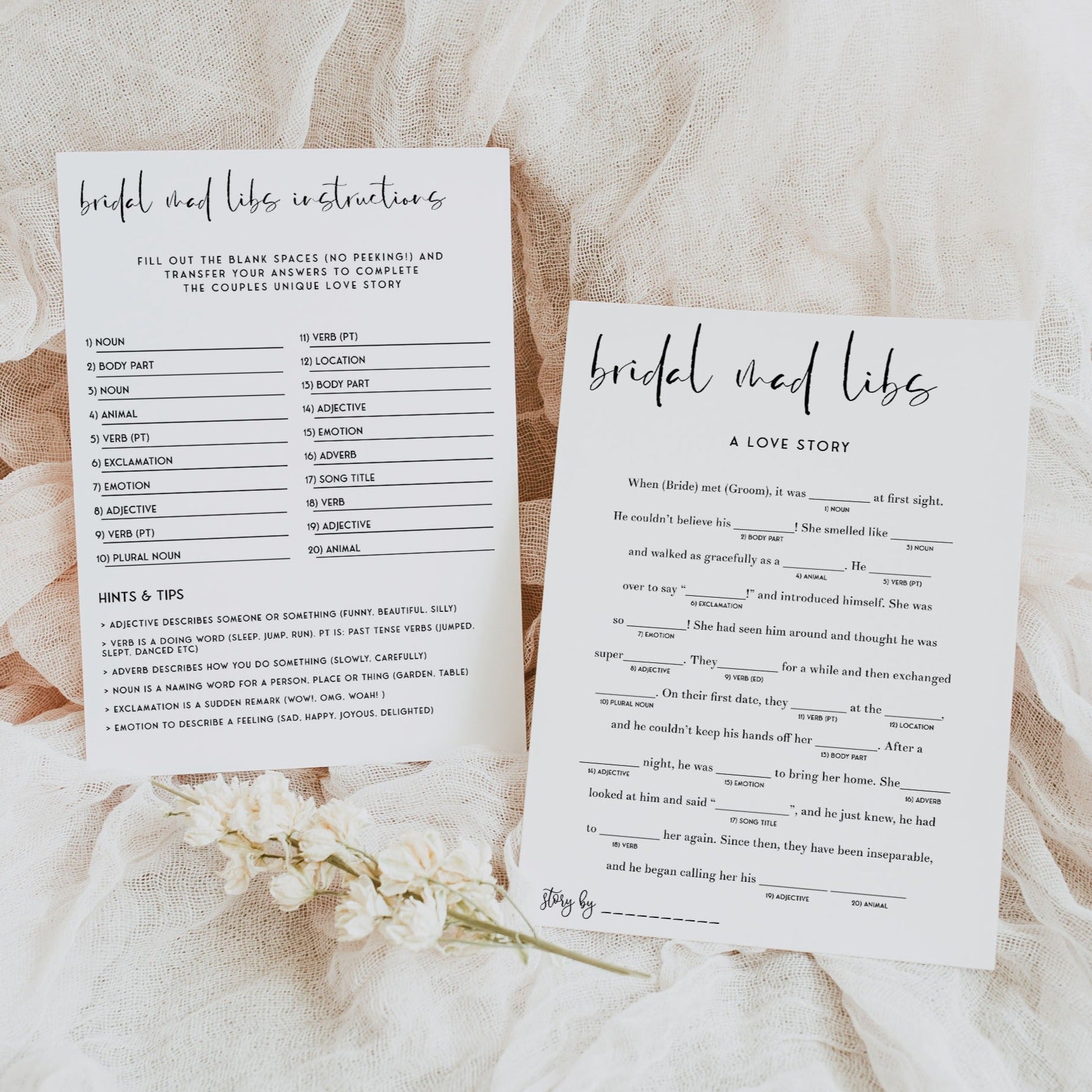 Fully editable and printable bridal shower mad libs game with a modern minimalist design. Perfect for a modern simple bridal shower themed party