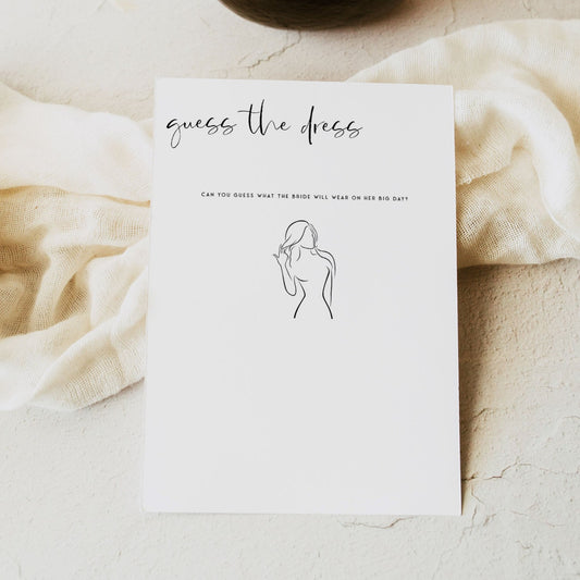 Fully editable and printable bridal shower guess the dress game with a modern minimalist design. Perfect for a modern simple bridal shower themed party