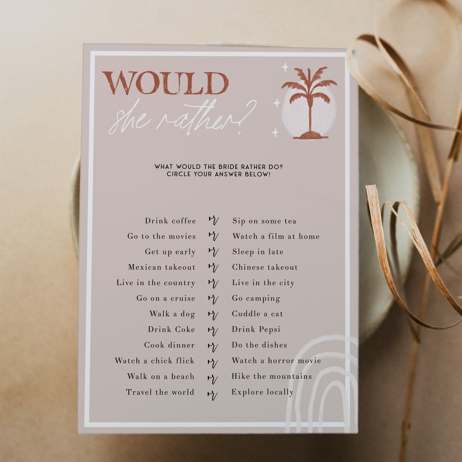 Fully editable and printable bridal shower would she rather game with a Palm Springs design. Perfect for a Palm Springs bridal shower themed party