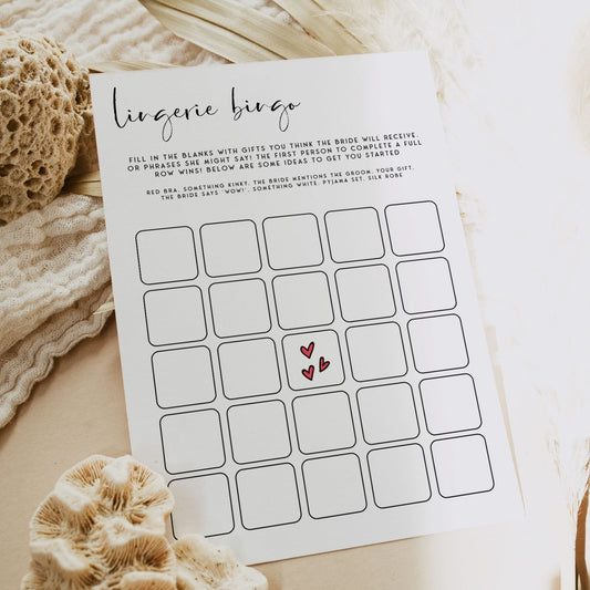 Fully editable and printable bridal shower lingerie bingo game with a modern minimalist design. Perfect for a modern simple bridal shower themed party