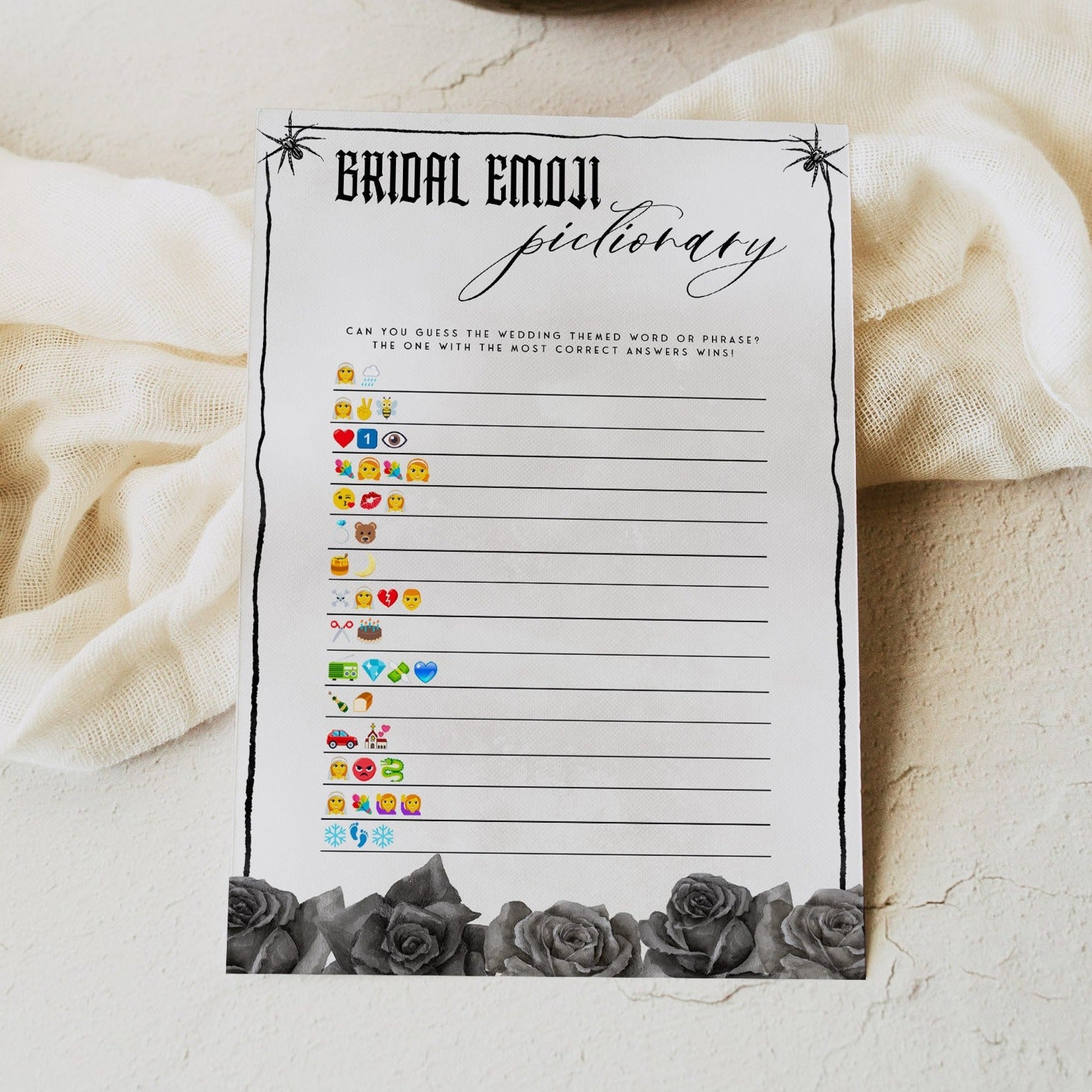 Fully editable and printable bridal emoji pictionary game with a gothic design. Perfect for a Bride or Die or Death Us To Party bridal shower themed party