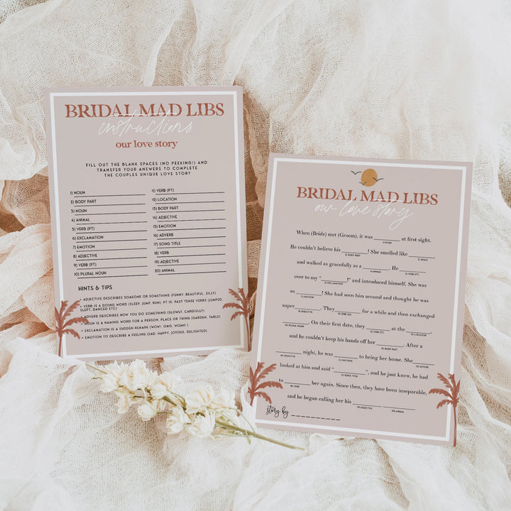 Fully editable and printable bridal shower love story mad libs game with a Palm Springs design. Perfect for a Palm Springs bridal shower themed party