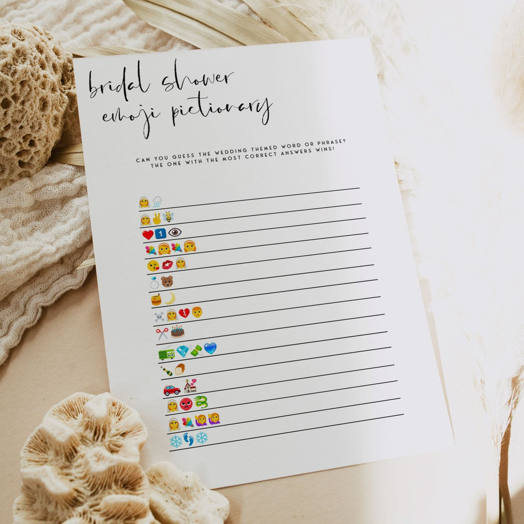 Fully editable and printable bridal shower emoji pictionary game with a modern minimalist design. Perfect for a modern simple bridal shower themed party
