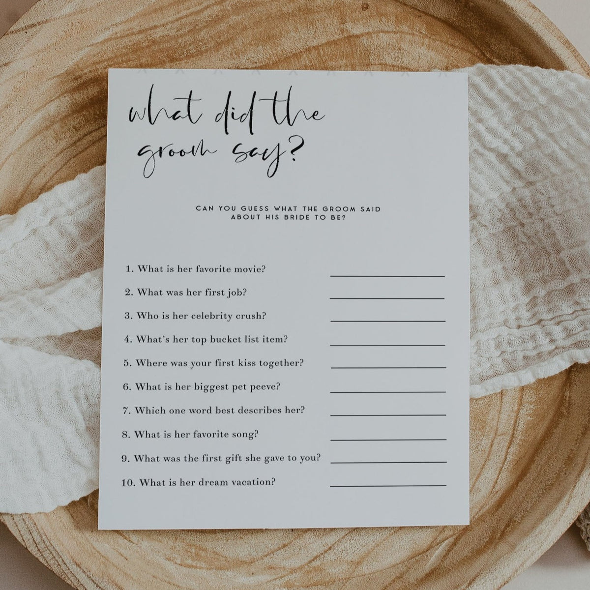 Fully editable and printable bridal shower what did the groom say game with a modern minimalist design. Perfect for a modern simple bridal shower themed party