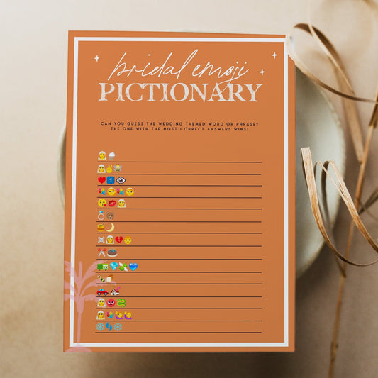 Fully editable and printable bridal shower emoji pictionary game with a Palm Springs design. Perfect for a Palm Springs bridal shower themed party