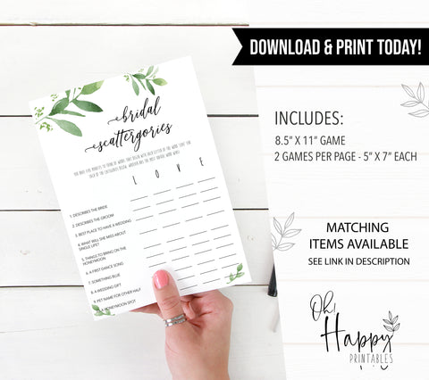 bridal scattergories game, greenery bridal shower, fun bridal shower games, bachelorette party games, floral bridal games, hen party ideas
