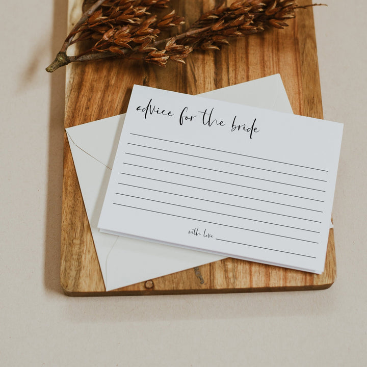 Fully editable and printable bridal shower advice for the bride game with a modern minimalist design. Perfect for a modern simple bridal shower themed party