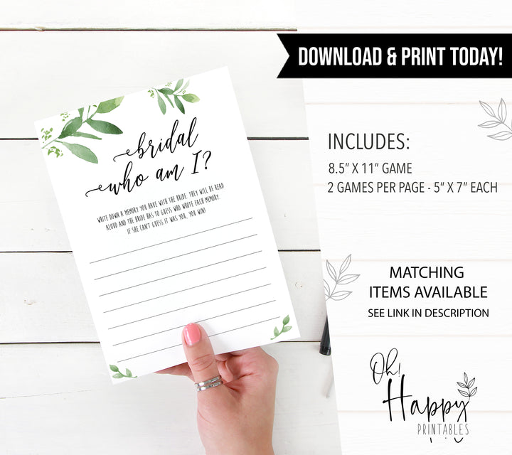 bridal who am I game, greenery bridal shower, fun bridal shower games, bachelorette party games, floral bridal games, hen party ideas