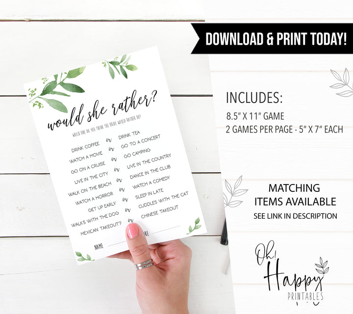 would  she rather game, greenery bridal shower, fun bridal shower games, bachelorette party games, floral bridal games, hen party ideas