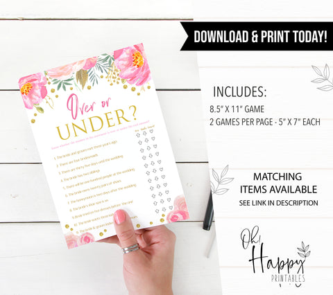 over or under game, printable bridal shower games, blush floral bridal shower games, fun bridal shower games