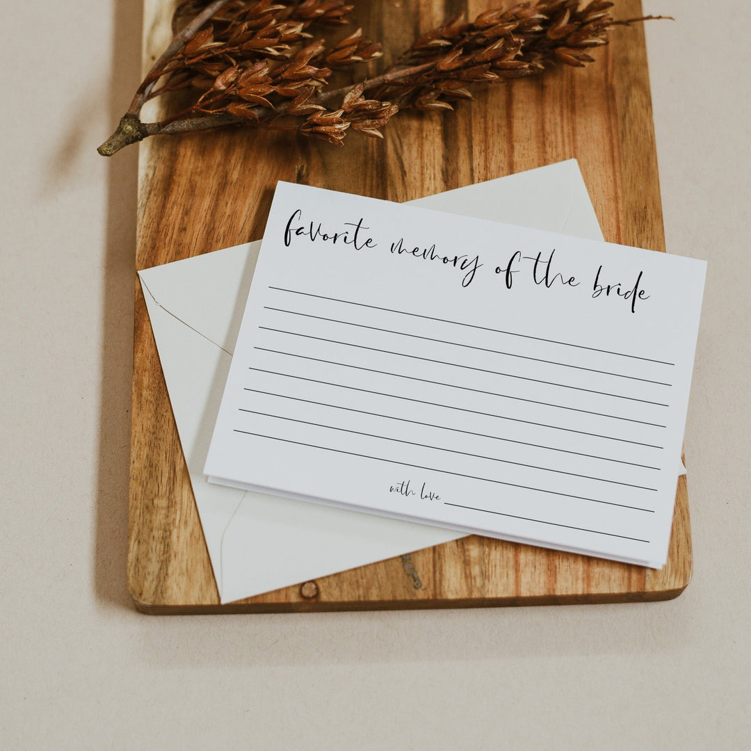 Fully editable and printable bridal shower favorite memory with the bride game with a modern minimalist design. Perfect for a modern simple bridal shower themed party