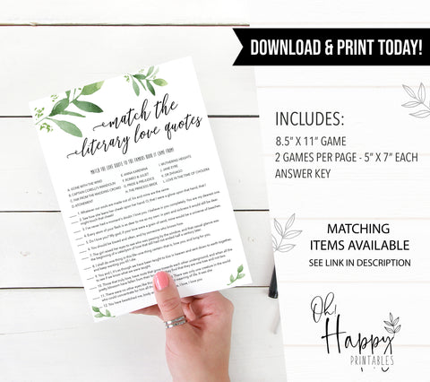 match the literary love quotes, greenery bridal shower, fun bridal shower games, bachelorette party games, floral bridal games, hen party ideas
