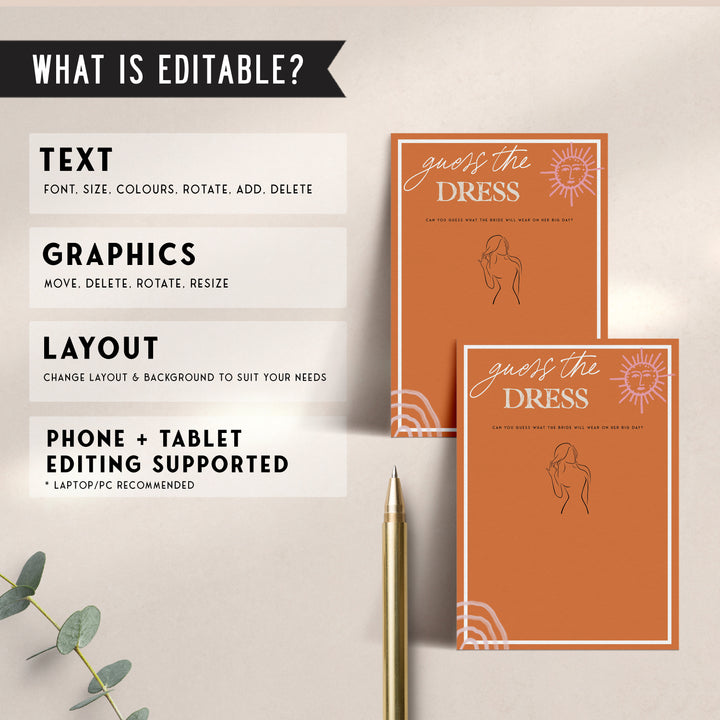 Fully editable and printable bridal shower guess the dress game with a Palm Springs design. Perfect for a Palm Springs bridal shower themed party