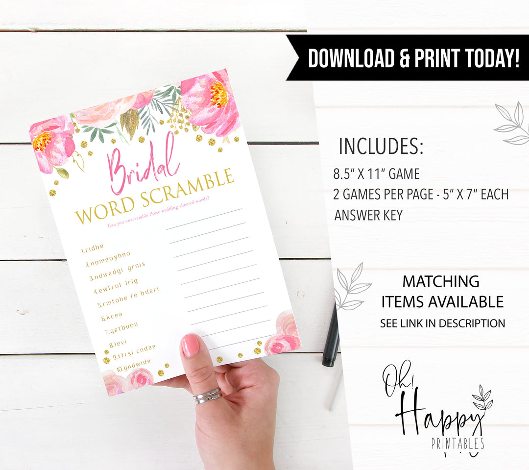 bridal word scramble game, bridal who am I, bridal scattergories game, printable bridal shower games, blush floral bridal shower games, fun bridal shower games