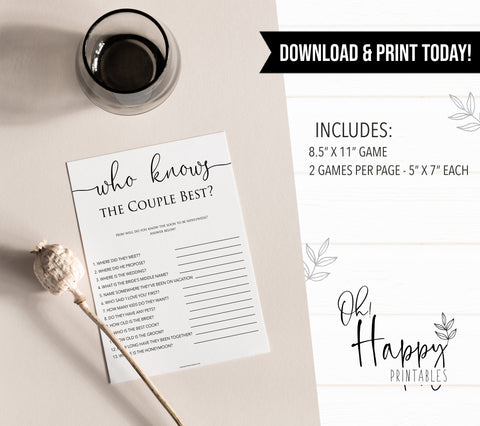 minimalist bridal shower games, who knows the couple best, bridal shower games bundle, printable bridal games, bridal shower games, how knows the bridal, top bridal shower games