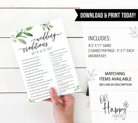 wedding traditions game, greenery bridal shower, fun bridal shower games, bachelorette party games, floral bridal games, hen party ideas
