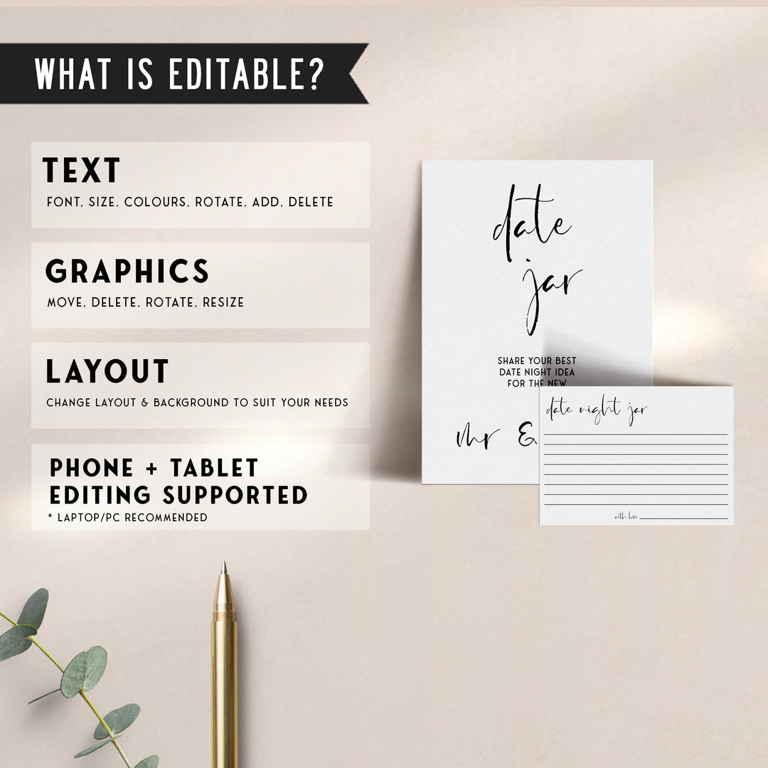 Fully editable and printable bridal shower date night jar game with a modern minimalist design. Perfect for a modern simple bridal shower themed party