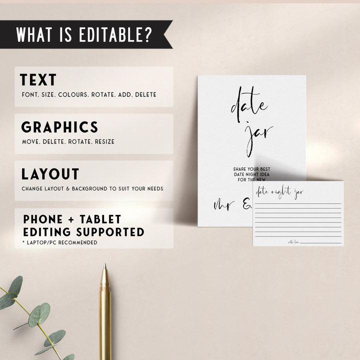 Fully editable and printable bridal shower date night jar game with a modern minimalist design. Perfect for a modern simple bridal shower themed party