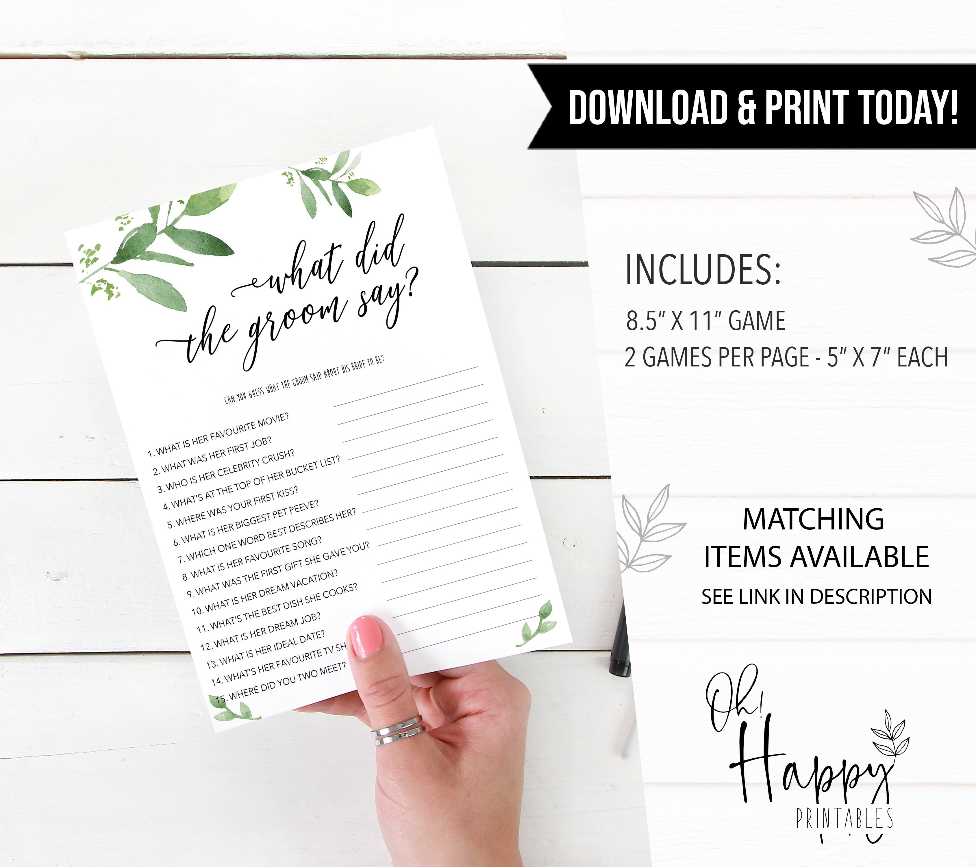 what did the groom say game, greenery bridal shower, fun bridal shower games, bachelorette party games, floral bridal games, hen party ideas
