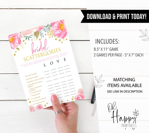 bridal scattergories game, printable bridal shower games, blush floral bridal shower games, fun bridal shower games