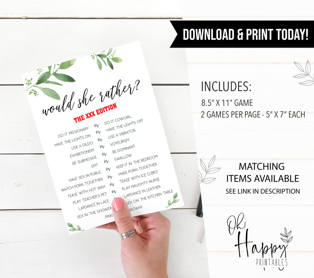 adult would she rather game, greenery bridal shower, fun bridal shower games, bachelorette party games, floral bridal games, hen party ideas