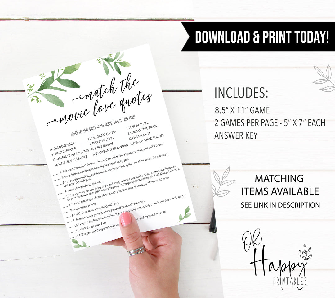 movie love quote, greenery bridal shower, fun bridal shower games, bachelorette party games, floral bridal games, hen party ideas