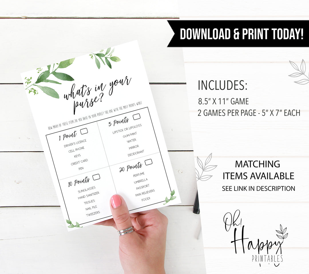 whats in your purse game, greenery bridal shower, fun bridal shower games, bachelorette party games, floral bridal games, hen party ideas