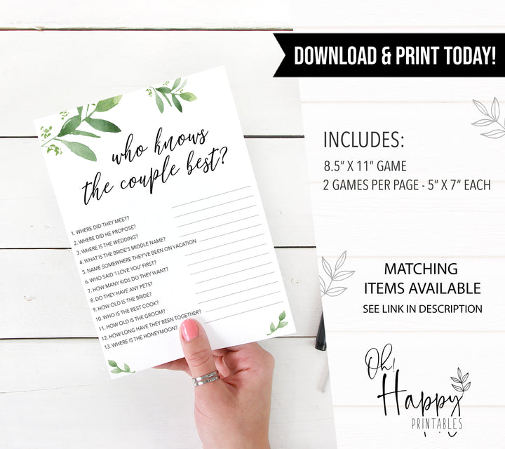 who knows the couple best game, greenery bridal shower, fun bridal shower games, bachelorette party games, floral bridal games, hen party ideas