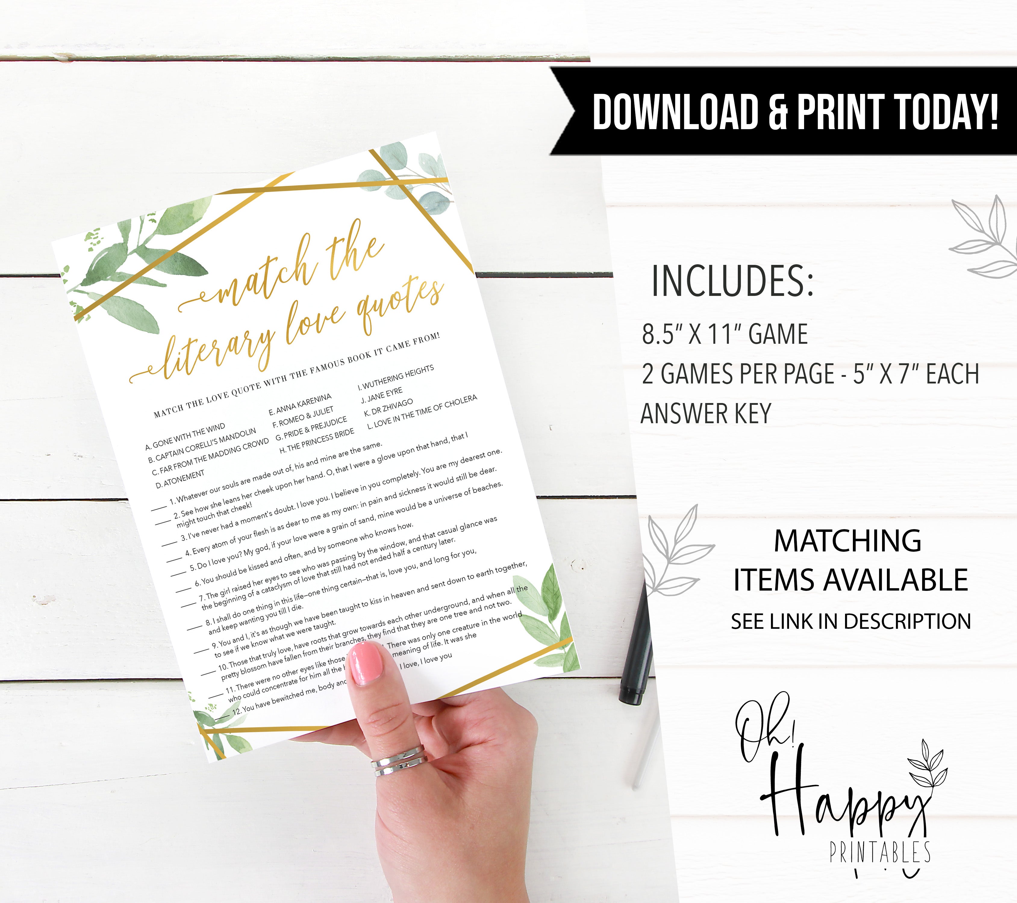 match the literary love quotes game, printable bridal shower games, floral bridal shower games, gold bridal shower games, fun bridal shower game ideas