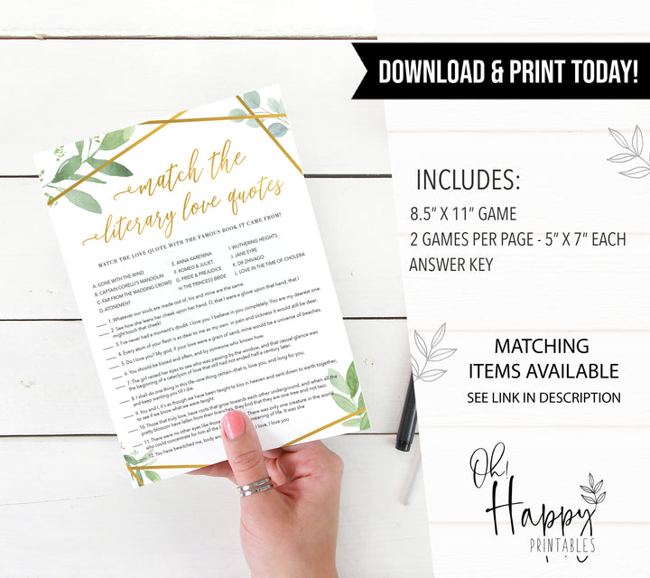 match the literary love quotes game, printable bridal shower games, floral bridal shower games, gold bridal shower games, fun bridal shower game ideas