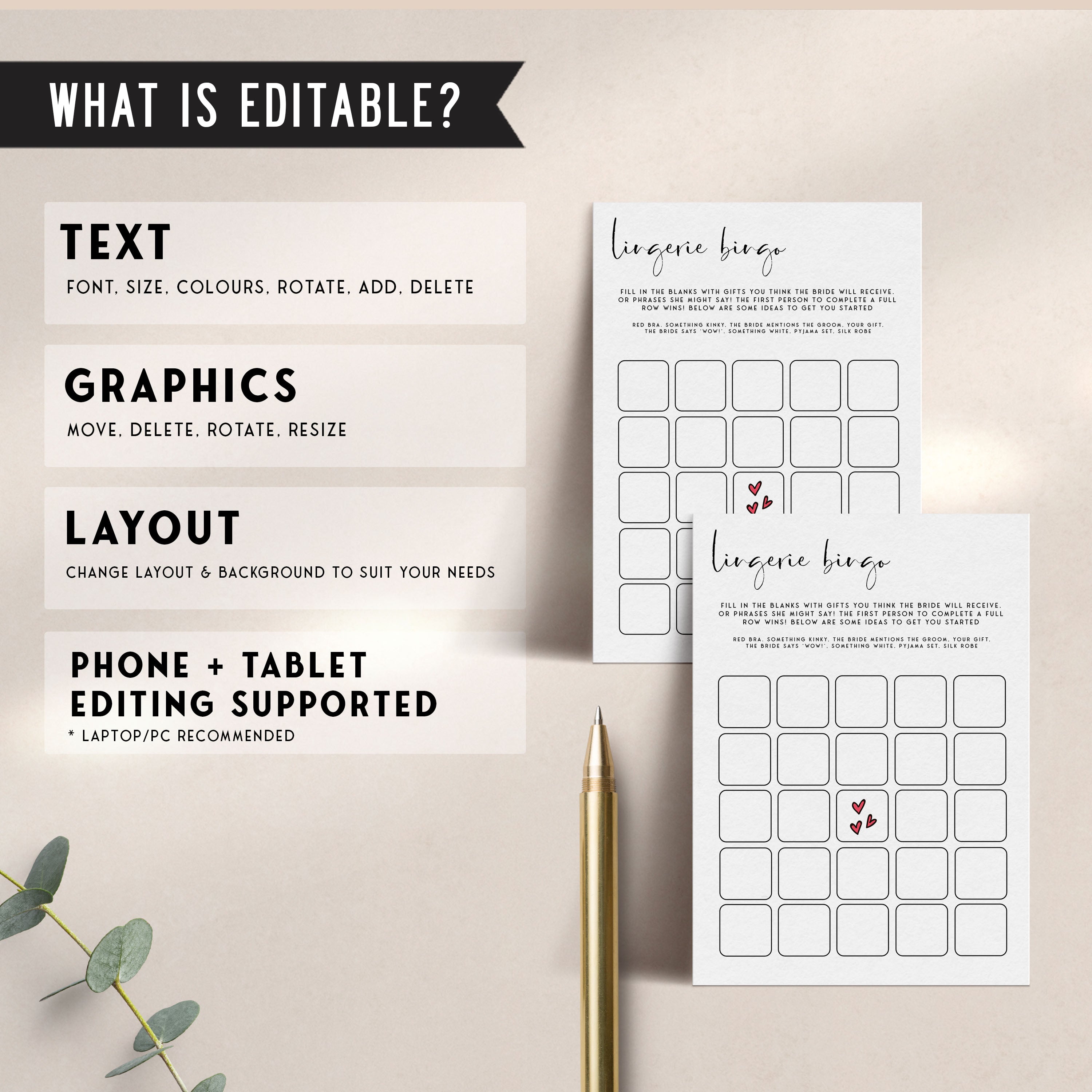 Fully editable and printable bridal shower lingerie bingo game with a modern minimalist design. Perfect for a modern simple bridal shower themed party