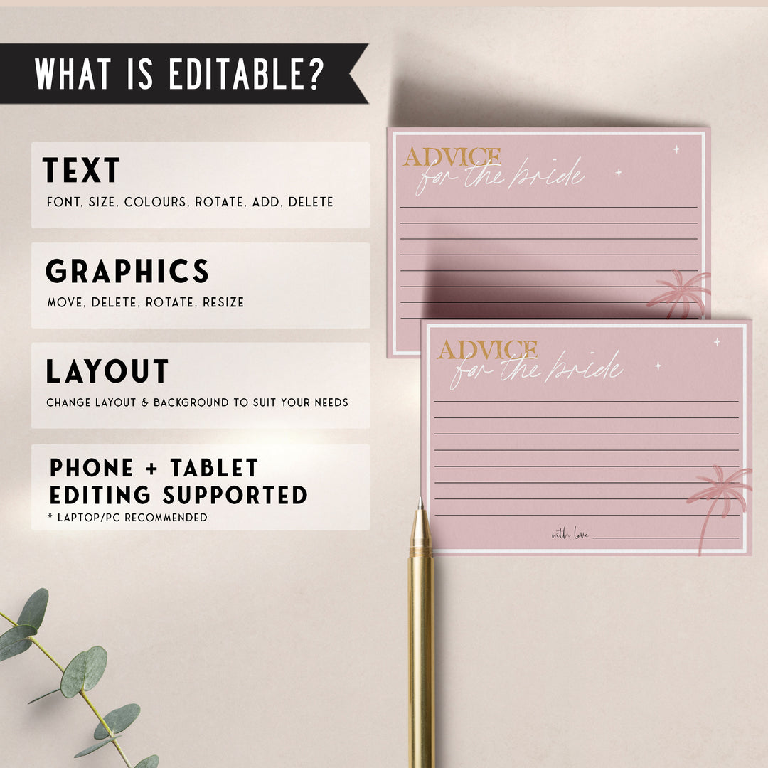 Fully editable and printable bridal shower advice for the bride game with a Palm Springs design. Perfect for a Palm Springs bridal shower themed party