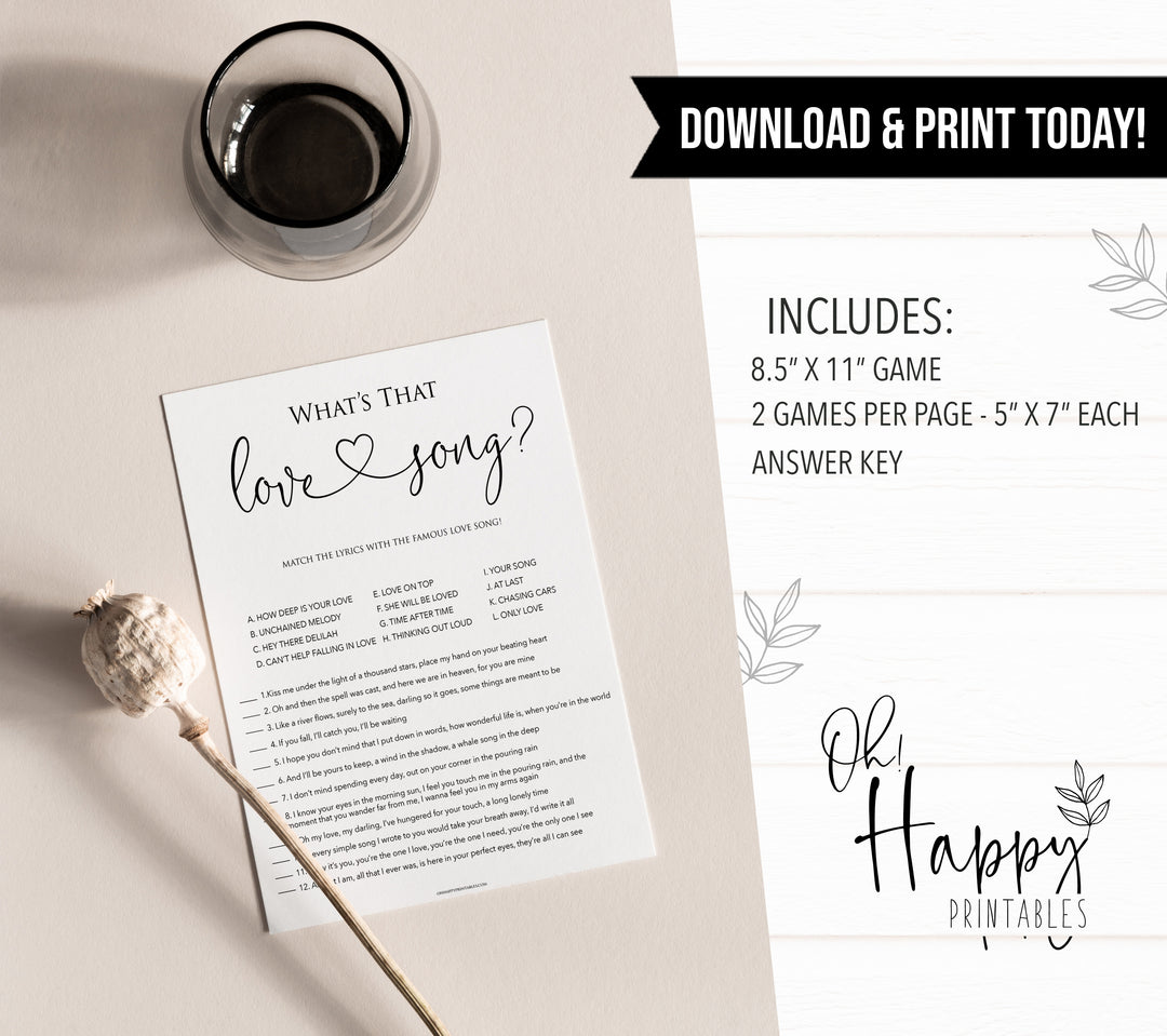 minimalist bridal shower games, whats that love song, bridal shower games bundle, printable bridal games, bridal shower games, how knows the bridal, top bridal shower games