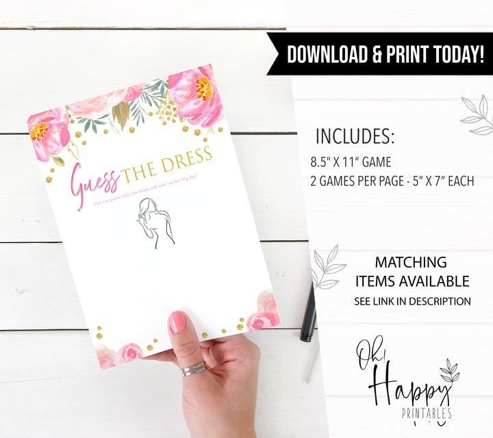 guess the dress game, printable bridal shower games, blush floral bridal shower games, fun bridal shower games