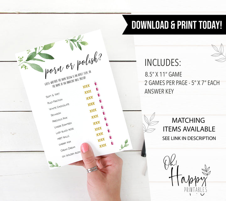 porn or polish game, greenery bridal shower, fun bridal shower games, bachelorette party games, floral bridal games, hen party ideas